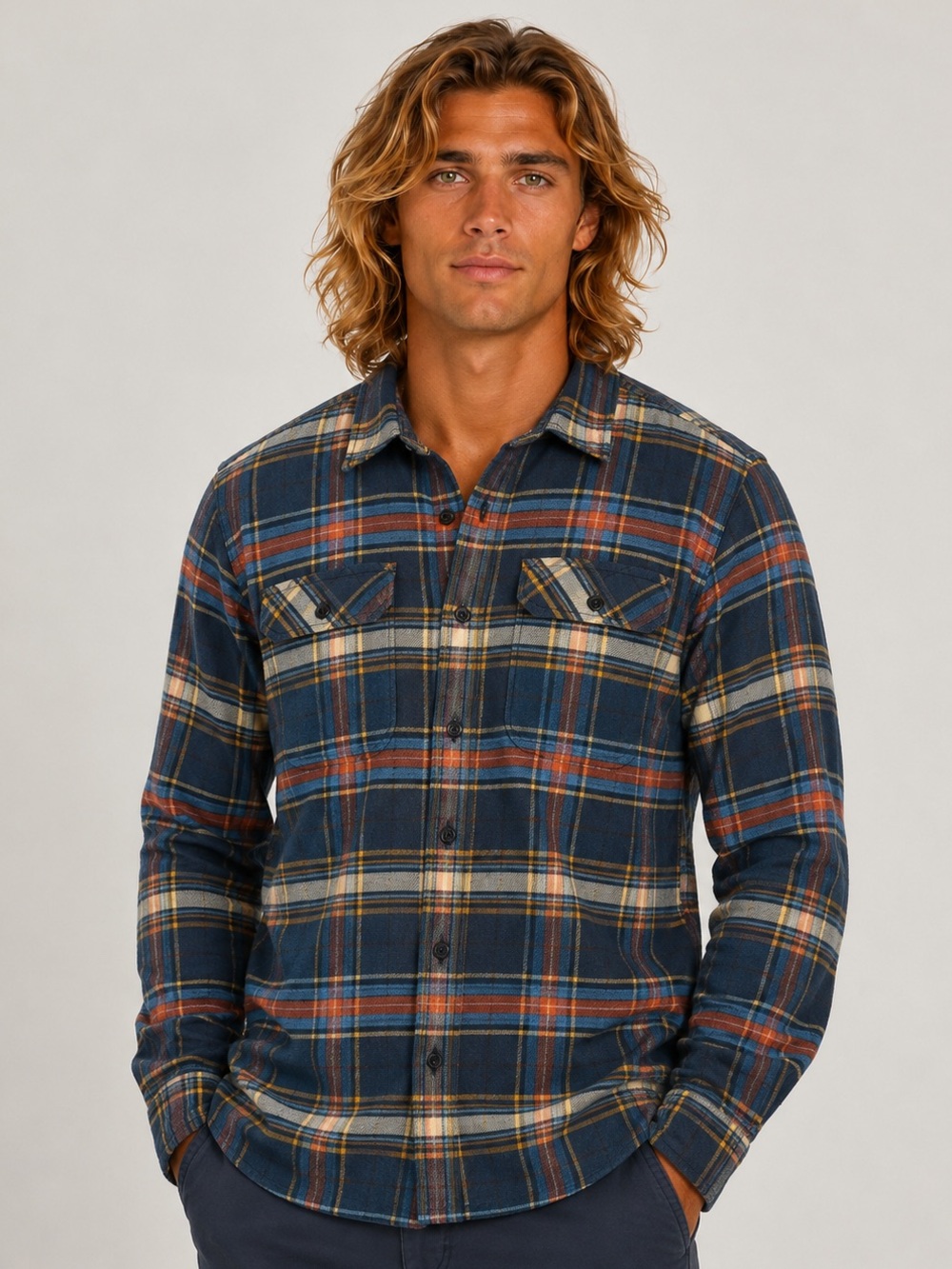 Patagonia Fjord Flannel Shirt M Blue Rust Plaid Organic Cotton Outdoor